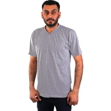 Eserıs V Yaka Kısa Kol Iş Tişörtü - Cepli - Regular Fit Gri
