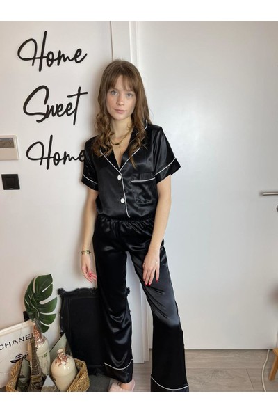 Serbella Siyah Saten Kısa Kol Uzun Alt Pijama Takımı