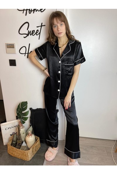 Serbella Siyah Saten Kısa Kol Uzun Alt Pijama Takımı