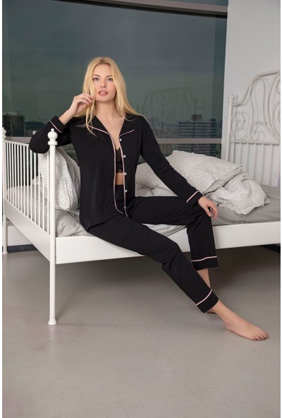 Huq Moda Huq Moda siyah Pembe Biyeli Pamuklu Likralı Düğmeli Pijama Takımı - Siyah