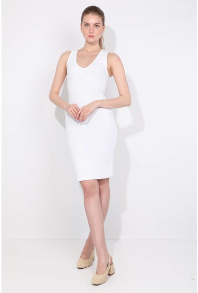 Markapia Woman Kadın V Yaka Beyaz Dar Kesim Elbise