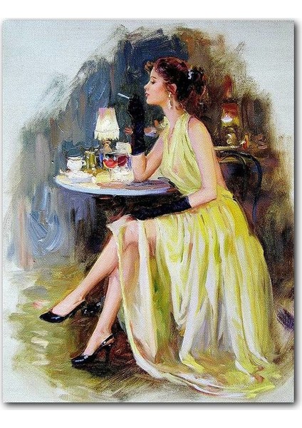 Ahşap Tablo Konstantin Razumov Rus Ressam Kadın Şarap Sigara Resmi
