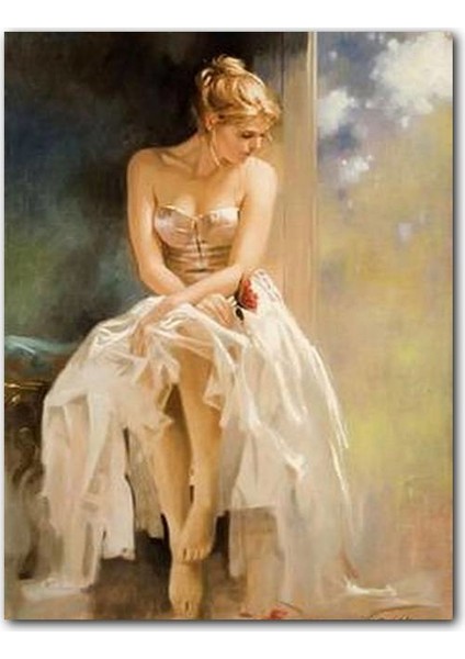Ahşap Tablo Ressam Daniel Gerhartz Beyaz Elbiseli Kadın Yağlı Boya Çalışması