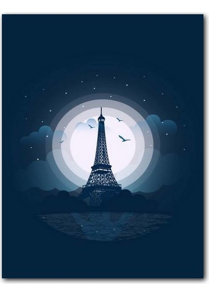 Ahşap Tablo Gece Paris Eyfel Kulesi Çizimi