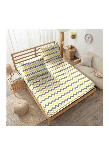 Ranforce Kumaş Lastikli Tek Kişilik Çarşaf Takımı 100x200 Sarı Zikzak Desenli