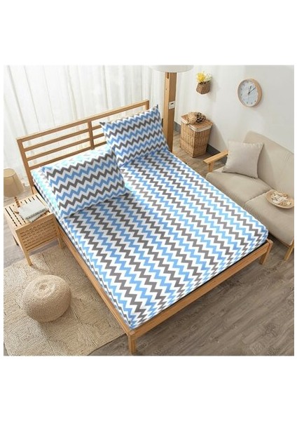Ranforce Kumaş Lastikli Battal Boy Çarşaf Takımı 180x200 Mavi Zikzak Desenli