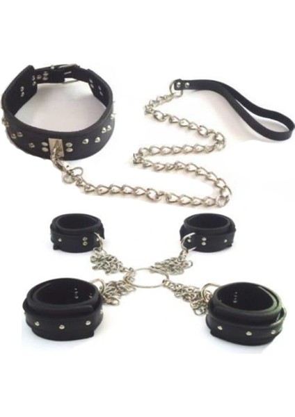 Deri Fantezi Boyun Tasması Siyah ve Deri Fantazi El Ayak Kelepçesi Siyah 2 Li Set