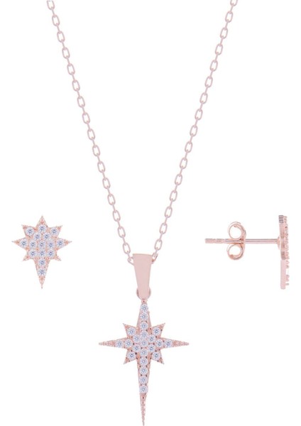 Zirkon Taşlı 925 Ayar Rose Kutup Yıldızı Kadın Gümüş Kolye-Küpe Takım