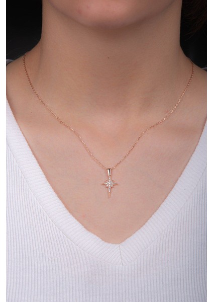 Zirkon Taşlı 925 Ayar Rose Kutup Yıldızı Kadın Gümüş Kolye-Küpe Takım