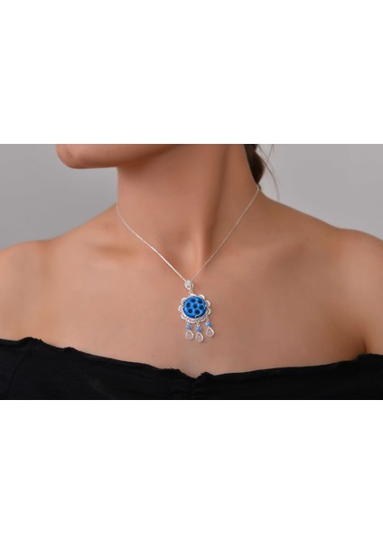 Süryani Nazar Mavi Boncuklu Orta Boy Telkari Işlemeli Gümüş Kolye