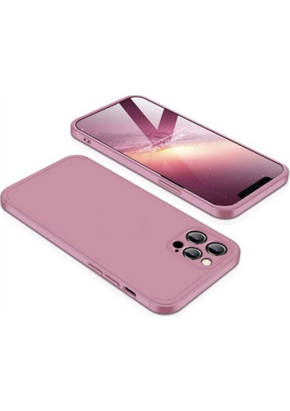 Apple iPhone 12 Pro Max Kılıf 3 Parçalı Tam Koruma Sert Mika Ays Kapak Rose Gold