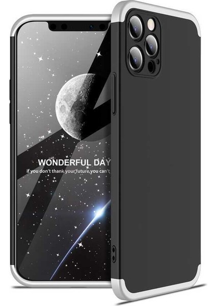 Apple iPhone 12 Pro Max Kılıf 3 Parçalı Tam Koruma Sert Mika Ays Kapak Siyah Gümüş