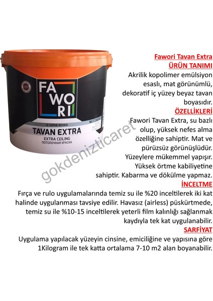 Fawori Boya Fawori Extra Tavan Boyası 17.5 Kg-Su Bazlı-Kabarma Dökülme Yapmaz-Müke mmel Yapışır-Pürüzsüz Görünüm