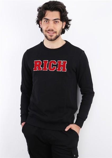 Erkek Süzine Baskılı Siyah Sweatshirt