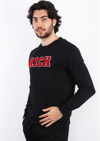 Erkek Süzine Baskılı Siyah Sweatshirt
