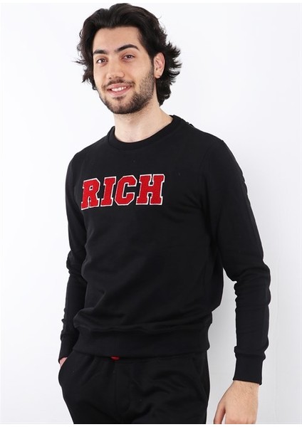Erkek Süzine Baskılı Siyah Sweatshirt