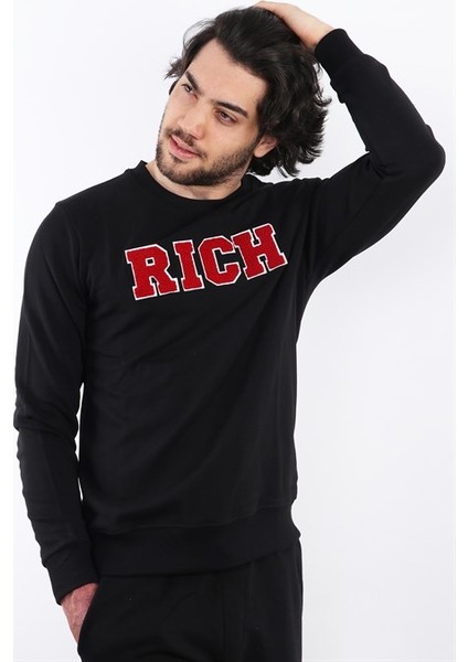 Erkek Süzine Baskılı Siyah Sweatshirt