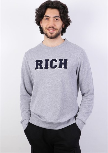 Erkek Süzine Baskılı Gri Melanj Sweatshirt
