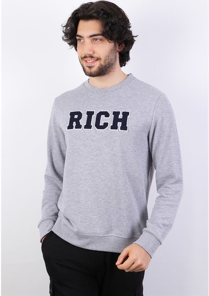 Erkek Süzine Baskılı Gri Melanj Sweatshirt