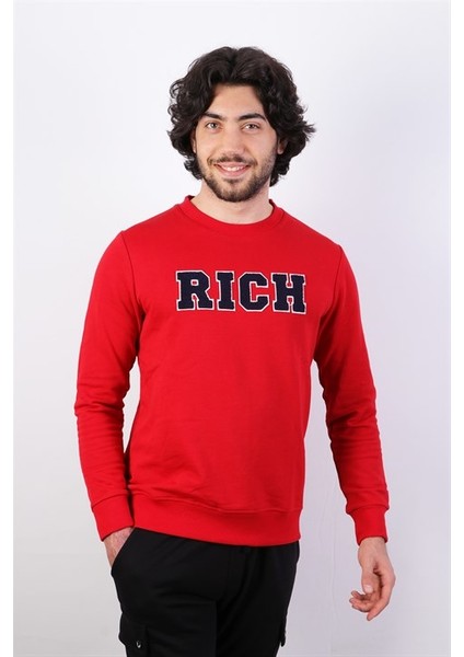 Erkek Süzine Baskılı Kırmızı Sweatshirt