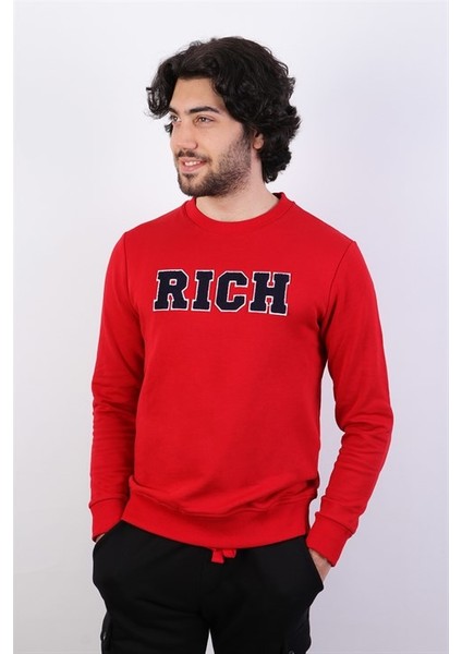 Erkek Süzine Baskılı Kırmızı Sweatshirt