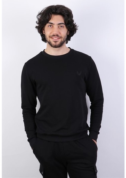 Erkek Logo Nakışlı Siyah Sweatshirt