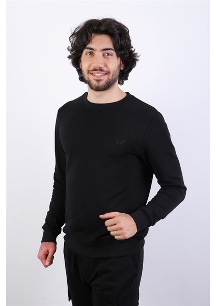 Erkek Logo Nakışlı Siyah Sweatshirt
