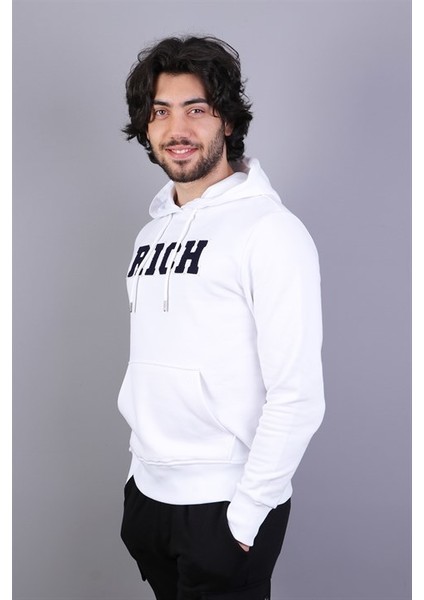 Erkek Süzine Baskılı Kapüşonlu Beyaz Sweatshirt