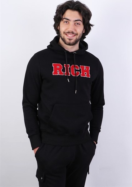 Erkek Süzine Baskılı Kapüşonlu Siyah Sweatshirt