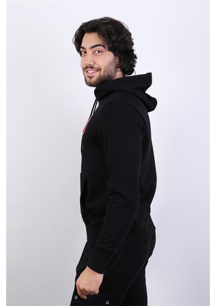 Erkek Süzine Baskılı Kapüşonlu Siyah Sweatshirt