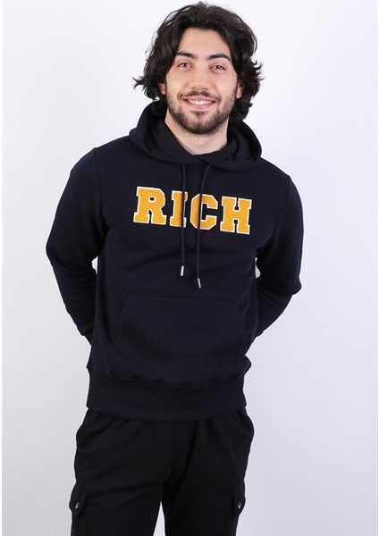 Erkek Süzine Baskılı Kapüşonlu Lacivert Sweatshirt
