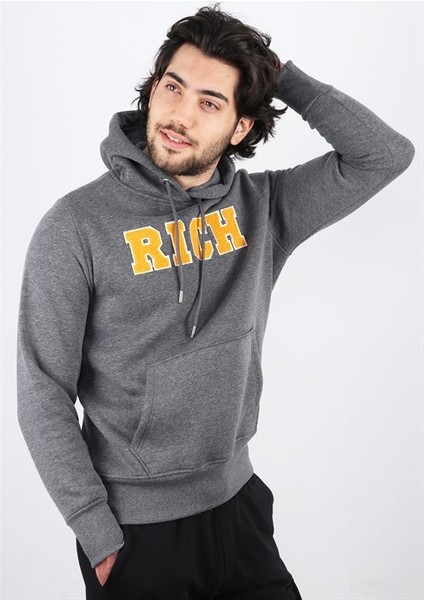 Erkek Süzine Baskılı Kapüşonlu Antrasit Melanj Sweatshirt