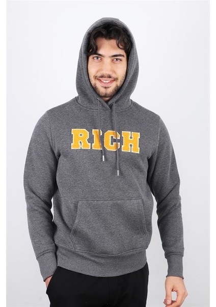 Erkek Süzine Baskılı Kapüşonlu Antrasit Melanj Sweatshirt