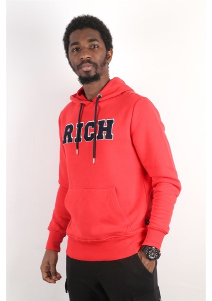 Erkek Süzine Baskılı Kapüşonlu Kırmızı Sweatshirt fiyatları