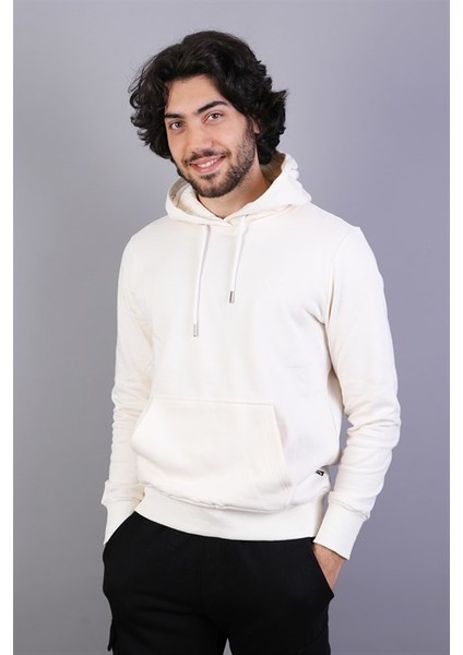 Erkek Kapüşonlu Ekru Sweatshirt