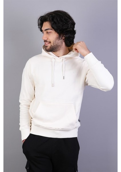 Erkek Kapüşonlu Ekru Sweatshirt