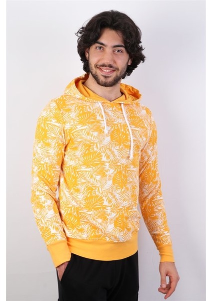 Erkek Kapüşonlu Desenli Hardal Sweatshirt
