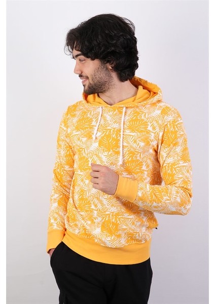 Erkek Kapüşonlu Desenli Hardal Sweatshirt