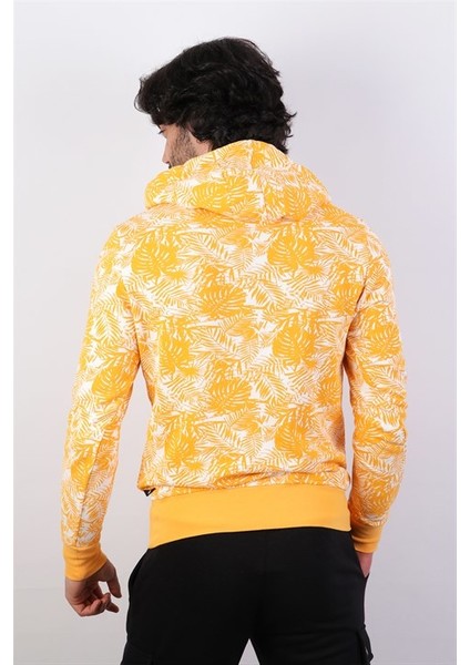 Erkek Kapüşonlu Desenli Hardal Sweatshirt