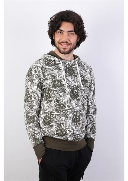 Erkek Kapüşonlu Desenli Haki Sweatshirt