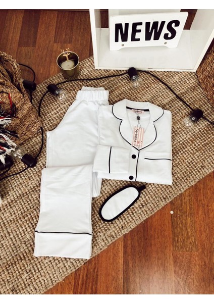Beyaz Üzeri Siyah Biyeli Uzun Kollu Pijama Takımı