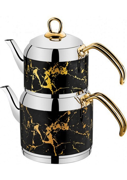 Siyah Mermer Desen Demlik Çaydanlık Takımı 2,75 Lt