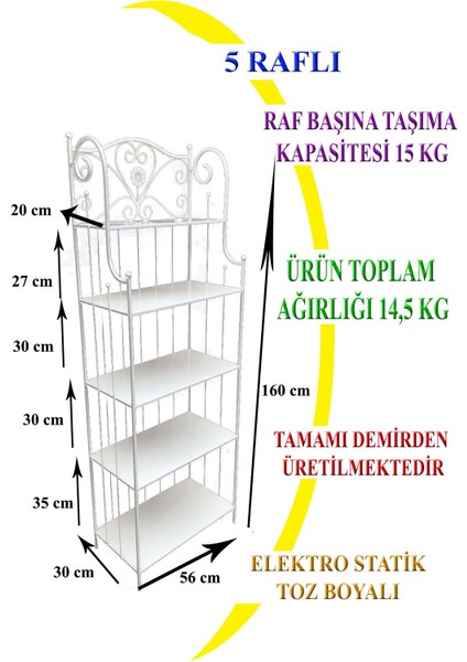 5 Katlı Çok Amaçlı Düz Raf Beyaz