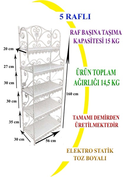 5 Katlı Çok Amaçlı Raf Beyaz