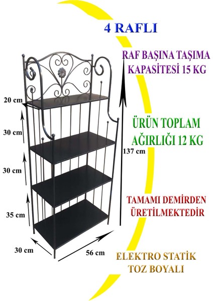 4 Katlı Çok Amaçlı Raf Siyah