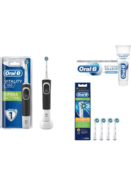 Vitality Cross Action Black Şarjlı Diş Fırçası + Oral-B Crossaction Elektrikli Diş Fırçası Yedek Başlığı 4'lü + Oral-B Onarım Orijinal 75 ml