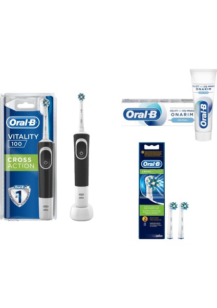 Vitality Cross Action Black Şarjlı Diş Fırçası + Oral-B Crossaction Elektrikli Diş Fırçası Yedek Başlığı 2'li + Oral-B Onarım Orijinal 75 ml
