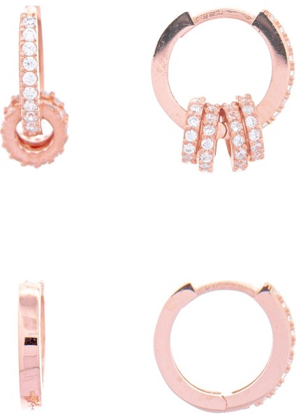 Ikili Halka Küpe Kombin 925 Ayar Gümüş Zirkon Taşlı Rose Küpe
