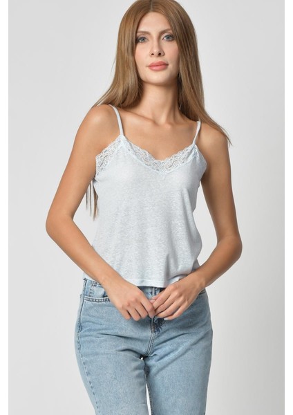 Dantel Detaylı V Yaka Kısa Atlet - Buz Mavisi Buz Mavisi - Xs fiyatları