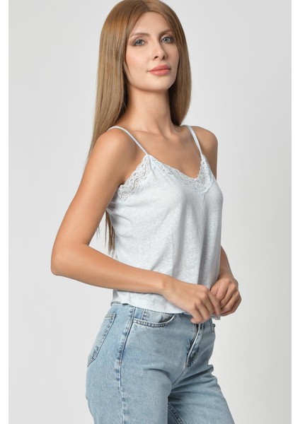 Dantel Detaylı V Yaka Kısa Atlet - Buz Mavisi Buz Mavisi - Xs fırsatları